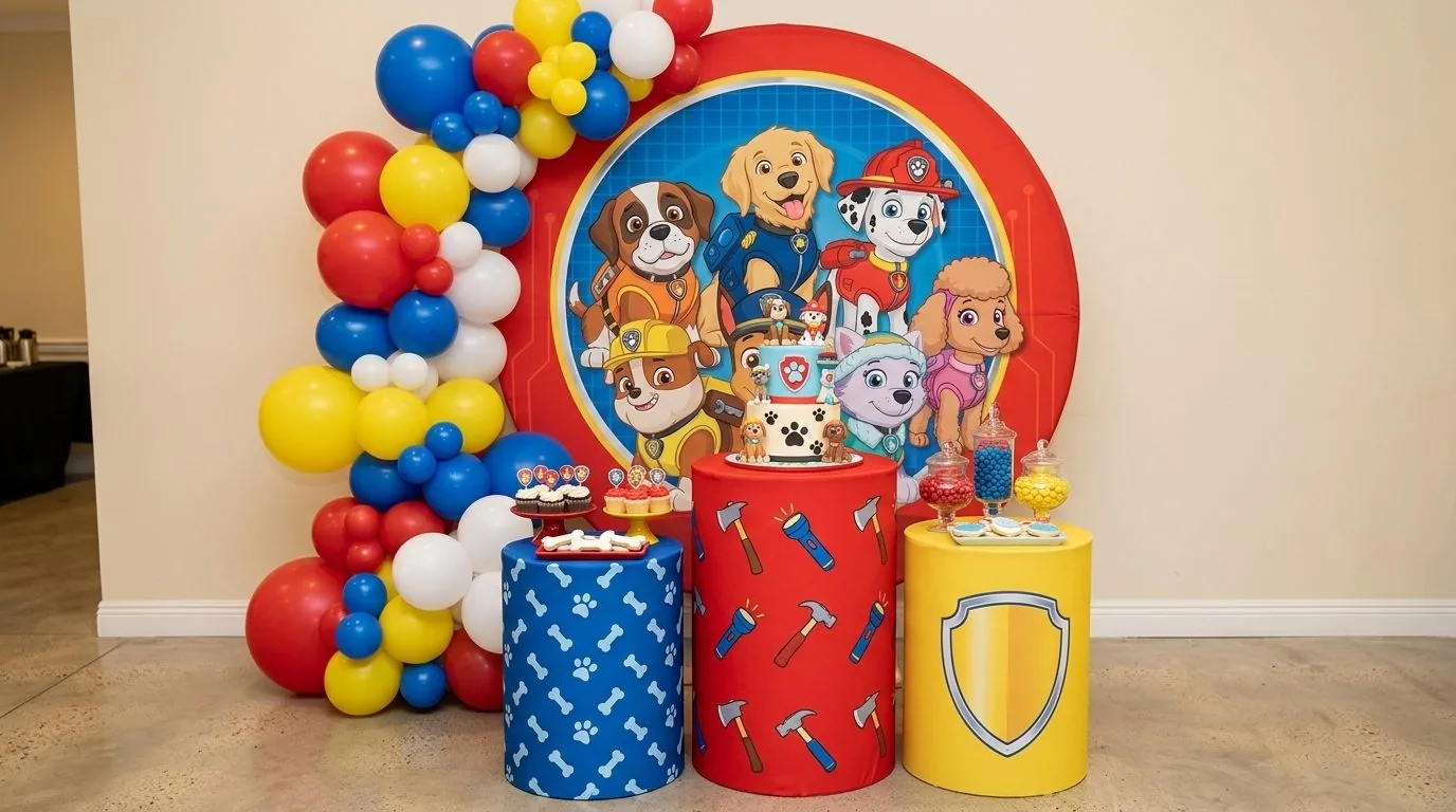 Mesa de aniversário montada com painel redondo, trio de cilindros e arco de balões